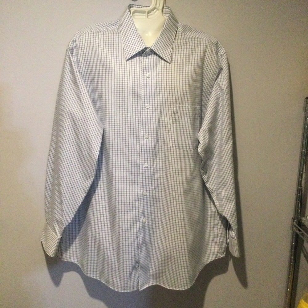 KENNETH COLE REACTION MENS DRESS SHIRT NON IRON BLUE/WHITE PLAID XL 17”-17.5”